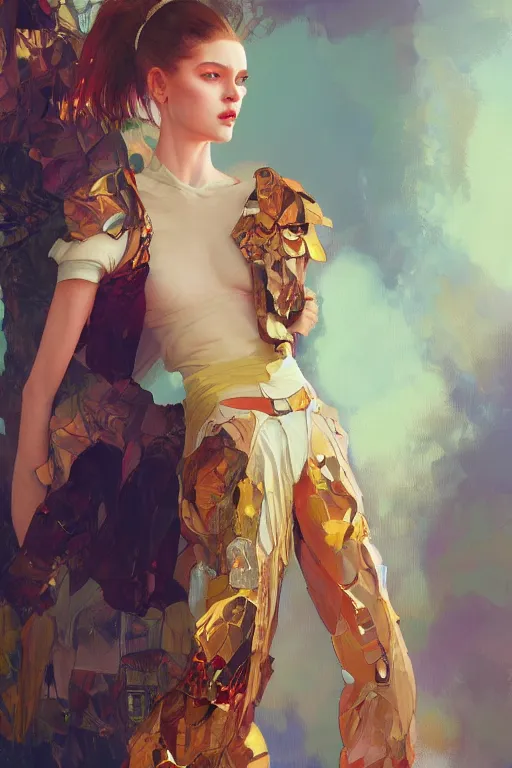 Image similar to an hyper intricate oil painting of gen z model wearing a fashion outfit wearing a clean t - shirt, full body ultra fashion model pose by vogue, excellent composition, by yoshitaka amano, by greg rutkowski, by alphonse mucha, by rhads, by ross tran, trending on artstation
