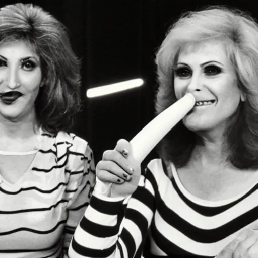 Image similar to 1982 twin women on tv talk show wearing an inflatable long prosthetic snout nose soft color wearing stripes 1982 color film archival footage 16mm John Waters Russ Meyer Almodovar Doris Wishman