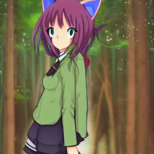 Prompt: anime catgirl spotted in forest, photograph at night with flash