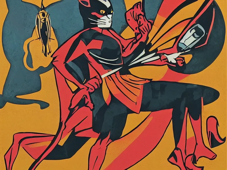 Image similar to a superhero cat fighting a wasp in an art deco style