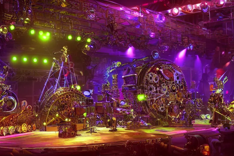 Image similar to a concert stage with audience, on stage is a rockband with 3 steampunk robots with guitars and drums, center of the stage is a big futuristic steampunk generator with gears and belts and tubes, laser show, 8 k, fluorescent colors, halluzinogenic, multicolored, exaggerated detailed, unreal engine