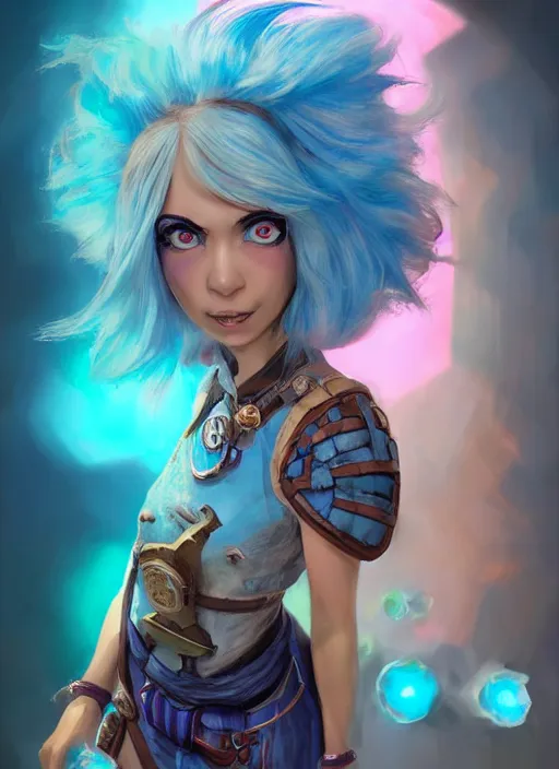 Prompt: teenage female rock gnome artificer with blue hair, dndbeyond, bright, colourful, realistic, dnd character portrait, full body, pathfinder, pinterest, art by ralph horsley, dnd, rpg, concept art, behance hd, artstation, deviantart, global illumination radiating a glowing aura global illumination ray tracing hdr render in unreal engine 5