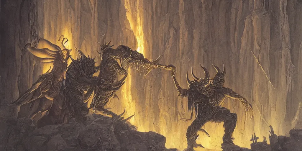 Image similar to art by john howe of the repelling of an invader making a deal with the devil.