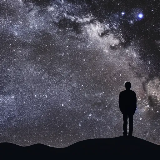 Image similar to 4K ultra HD detailed award-winning wallpaper silhouette of lonely man standing looking at Earth from far away huge vast sky universe