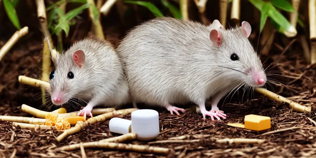 Image similar to white bamboo rat is eating bamboo, next to a box of heatstroke medicine