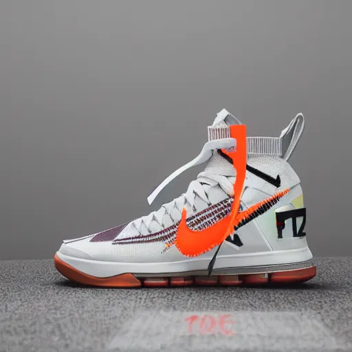 Prompt: a studio photoshoot of Nike Off-white Lebron sneakers designed by Virgil Abloh, knitted mesh material, gum rubber outsole, realistic, color film photography by Tlyer Mitchell, 35 mm, Graflex