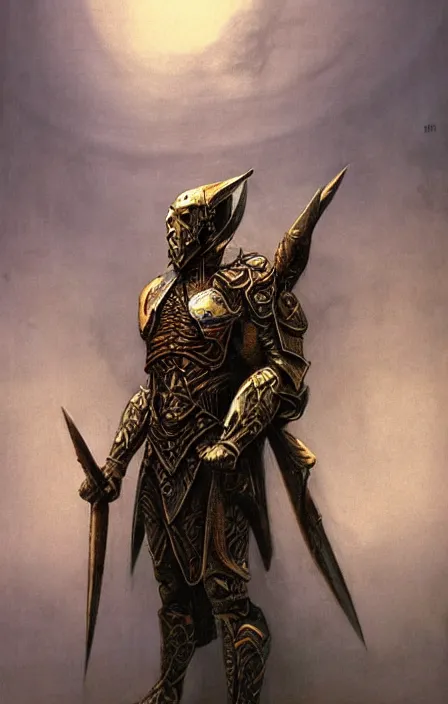 Prompt: thunder overlordconcept, wearing thunder armor, ancient greek ornamented armor, beksinski, weta workshop concept art