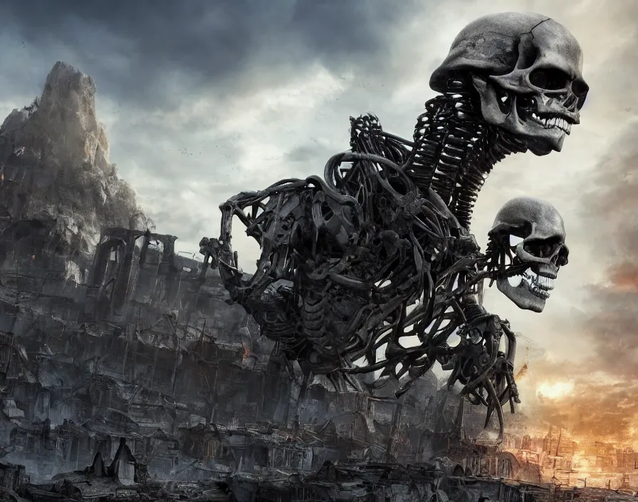 Image similar to terminator skull, destroyed town on background, fantasy artwork, very beautiful scenery, hd, hdr, ue 5, ue 6, unreal engine 5, cinematic 4 k wallpaper, 8 k, ultra detailed, by popular digital, details, beautiful image ever created, high resolution, artstation, award winning, detailed body, details face, realistic body proportions