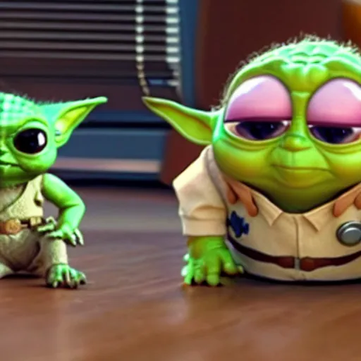 Image similar to wide shot baby yoda plays eats a bug in Pixar\'s movie Toy Story while Woody and Buzz laugh.