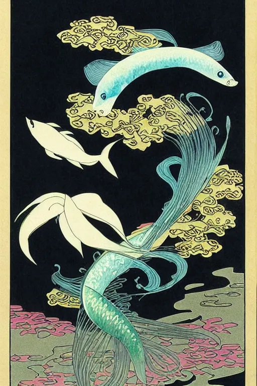 Prompt: ikebana of delicate aquatic botanical plants and a graceful iridescent white betta fish with long swirling fins, black-water-background, traditional Japanese painting, hiroshige, artstation, alphonse-mucha