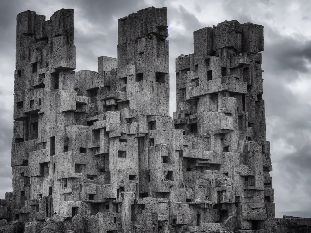 Image similar to photo of a brutalist symmetric cathedral built over a rocky hill, in the middle of a storm. realistic clouds. impressive, magical, very atmospheric, cinematic, very high complexity, stunning, masterpiece, romantic, very detailed. 4 k