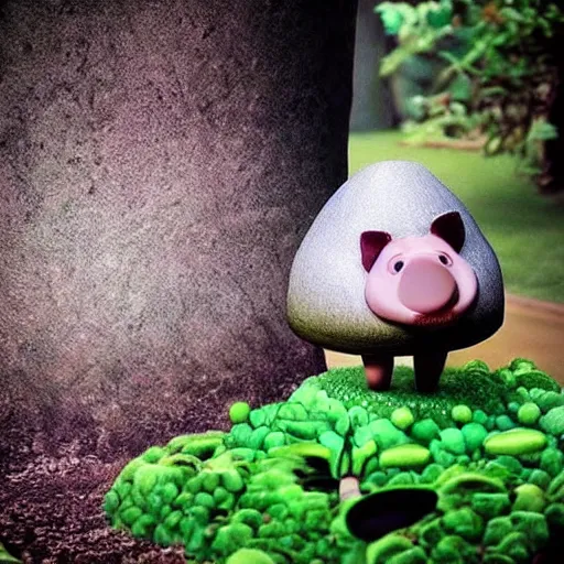 Prompt: “ pixar style pig meditating on top of a giant mushroom cap. ”