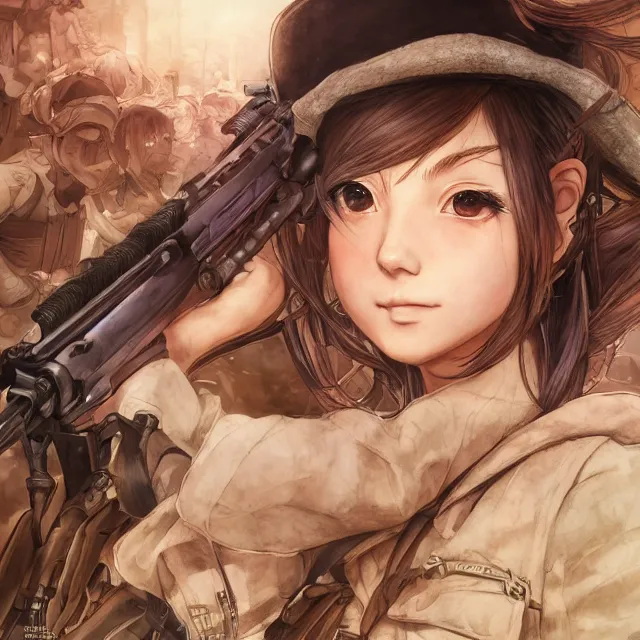 Prompt: the portrait of lawful neutral semi - colorful female infantry sniper as absurdly beautiful, gorgeous, elegant, young anime girl, an ultrafine hyperdetailed illustration by kim jung gi, irakli nadar, intricate linework, bright colors, octopath traveler, final fantasy, unreal engine 5 highly rendered, global illumination, radiant light, detailed and intricate environment