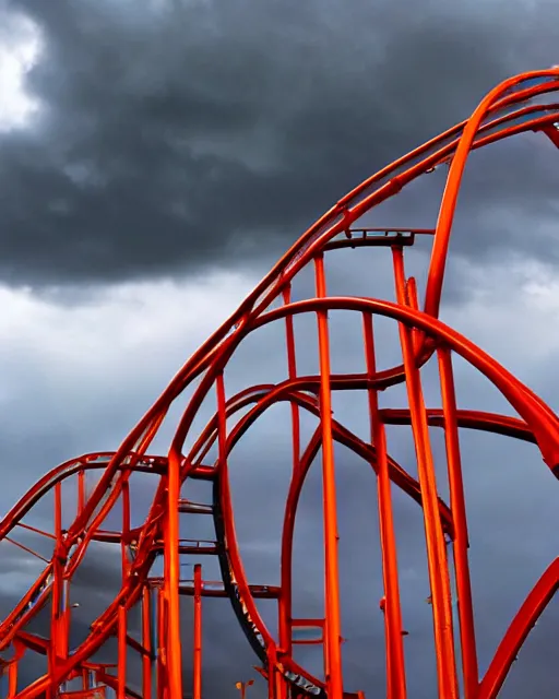 Image similar to a high definition photograph of a roller coaster track that goes out of sight into the dark clouds