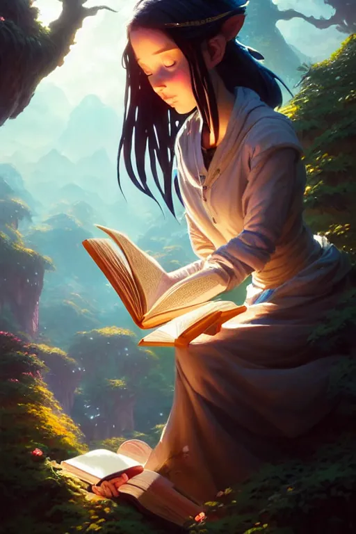 Image similar to highly detailed portrait of beautiful girl reading a book in avatar, dynamic pose, stephen bliss, unreal engine, fantasy art by greg rutkowski, loish, rhads, ferdinand knab, makoto shinkai and lois van baarle, ilya kuvshinov, rossdraws, tom bagshaw, global illumination, radiant light, detailed and intricate environment