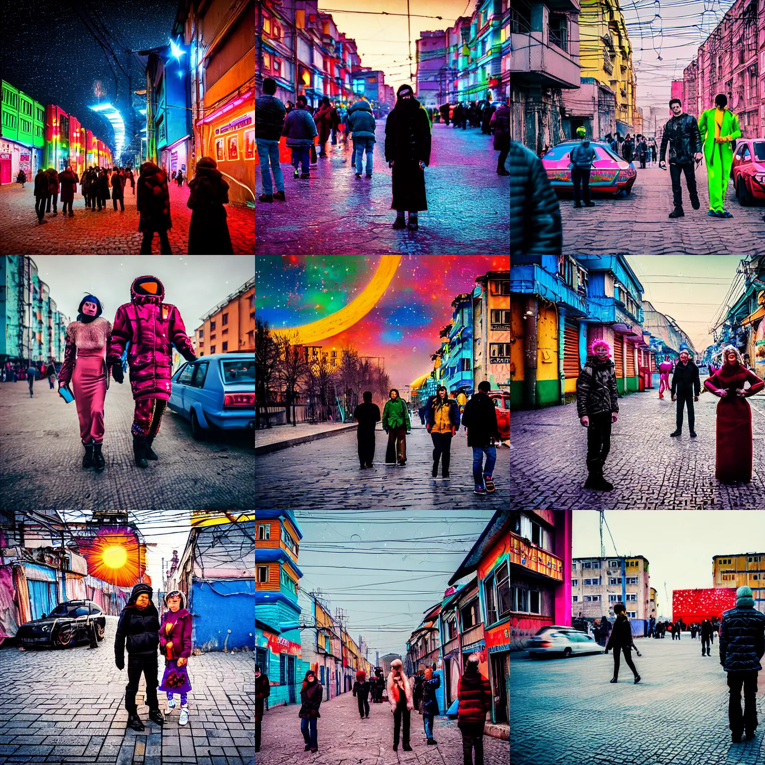 Prompt: people on the colorful streets of a Russian cyberpunk slum city on the Moon, lots of flying cars, colorful, lively, black sky full of stars, blinding sun, Neo Norilsk, Neo Kyiv, sci-fi, lots of flying cars, levitation, cyberpunk outfits, photorealistic, grainy, 35mm, intricate, very very beautiful, elegant, smooth, cinematic, Unreal Engine 5, by Beeple, trending on Artstation HD