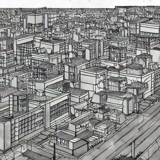 Image similar to japanese town, neighborhood, modern neighborhood, japanese city, underground city, modern city, tokyo - esque town, 2 0 0 1 anime, cel - shading, compact buildings, sepia sunshine