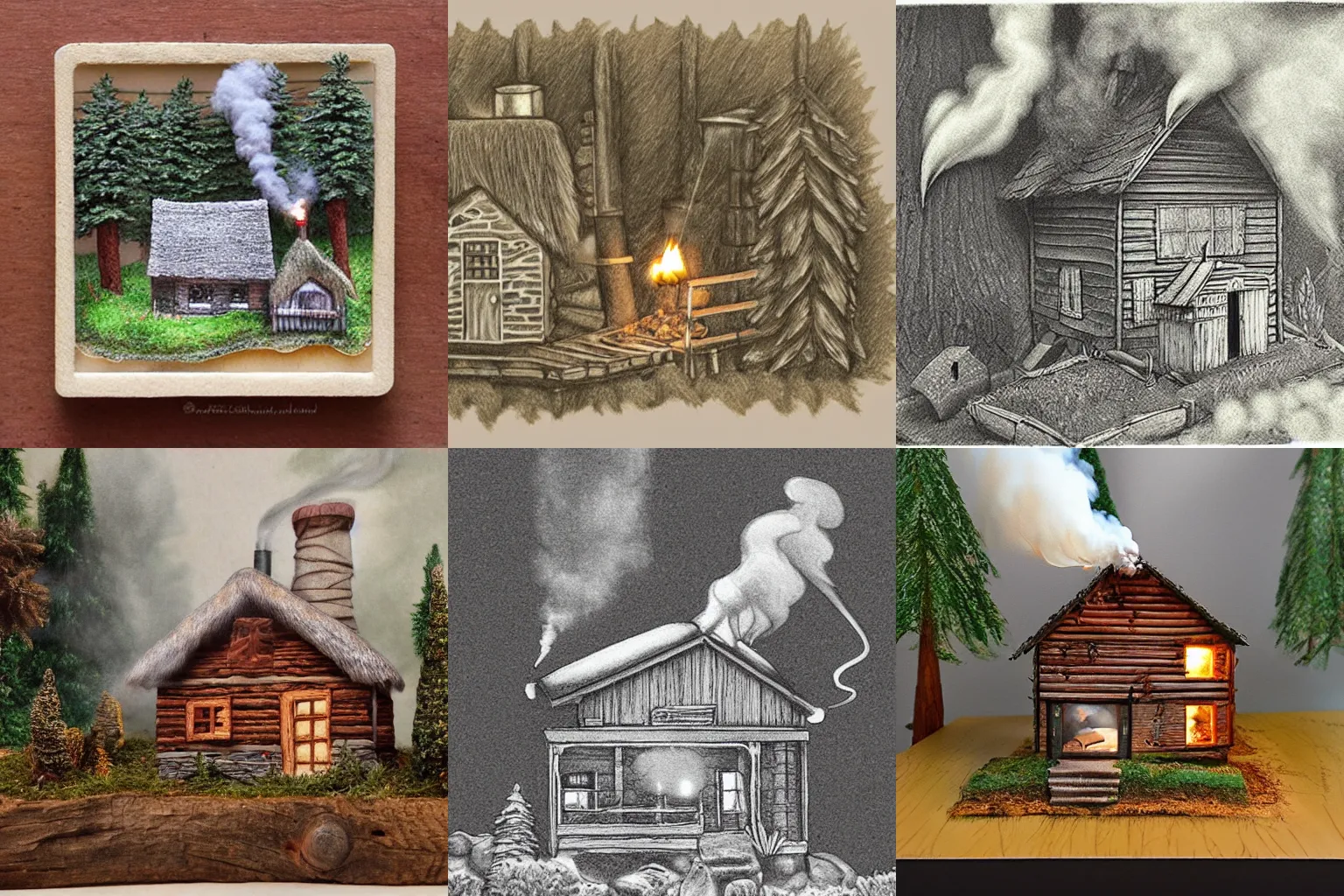 Prompt: diorama of a small cozy cottage with smoke coming from its chimney, inside a huge redwood forest, detailed pencil art