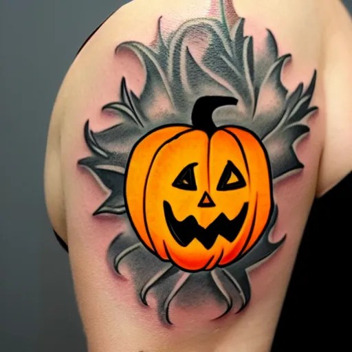 Image similar to cartoon tattoo of an angry pumpkin with glowing eyes and a light gray background on shoulder