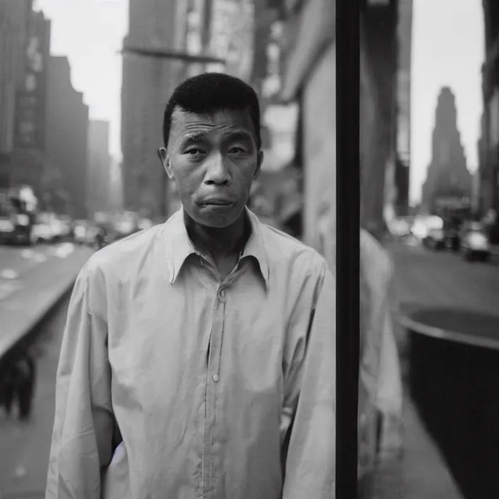 Prompt: medium format film portrait of a man in new york by street photographer from the 1 9 6 0 s, hasselblad film man portrait featured on unsplash, dawn light, colour film