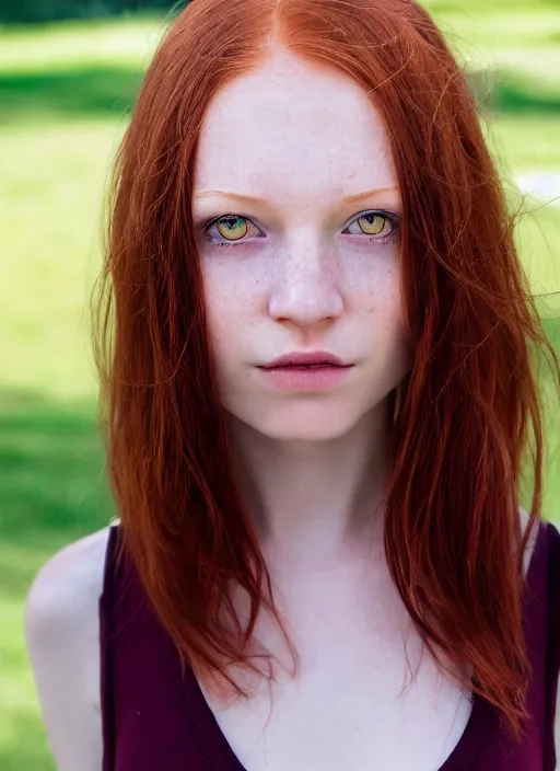 Image similar to close up portrait photograph of a thin young redhead woman with russian descent, sunbathed skin, with deep blue symmetrical!! eyes with round!! Black!! Pupils, and Wavy long maroon colored hair who looks directly at the camera, with a Slightly open mouth, face takes up half of the photo. a park visible in the background. 55mm nikon. Intricate. Very detailed 8k texture. Sharp. Cinematic post-processing. Award winning portrait photography. Sharp eyes.