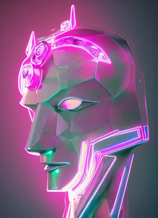 Image similar to photo of fullbodied baroque and bladerunner delicate neon diamond sculpture of robot onyx albino marble prince kai harvatz dotado pink iridescent robotic mask psychedelic, reclining, glowing magenta face, crown of white diamonds, cinematic lighting, photorealistic, octane render 8 k depth of field 3 d