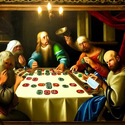 Prompt: renaissance painting of Cthulhu playing poker with pirates in a pub, detailed, gloomy