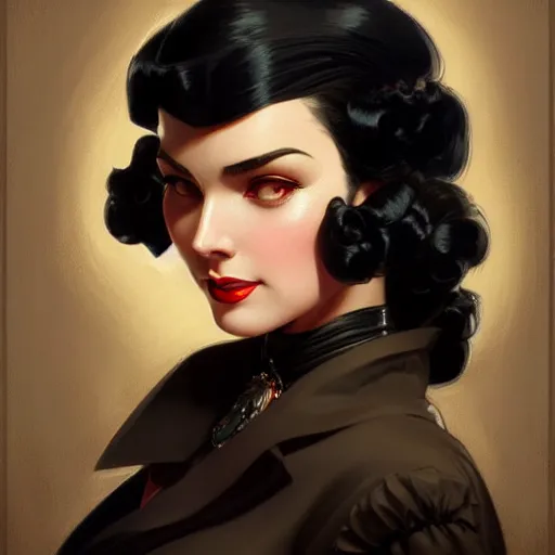 Image similar to a woman with black hair, dressed in 1940's fashion, D&D, fantasy, intricate, elegant, highly detailed, digital painting, artstation, concept art, matte, sharp focus, illustration, art by Artgerm and Greg Rutkowski and Alphonse Mucha