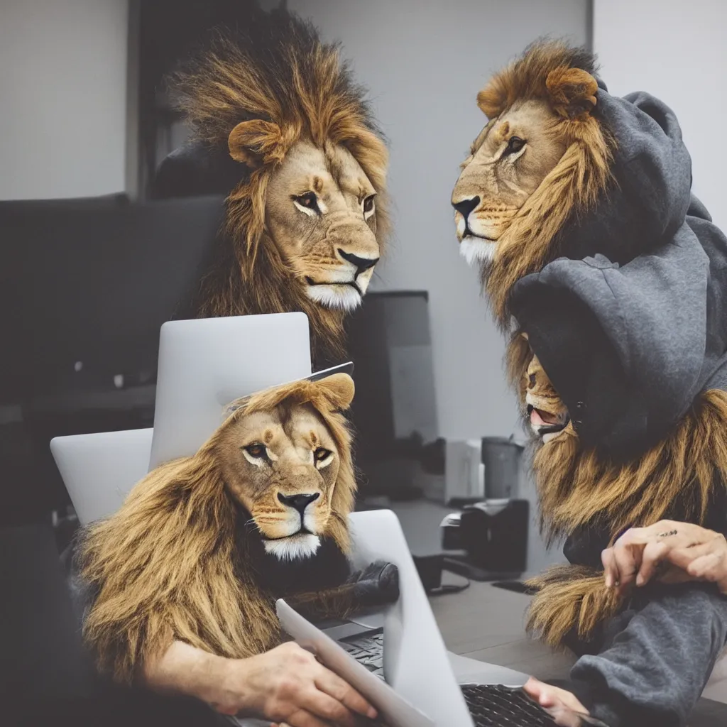 Image similar to Photograph of a lion in a hoodie hacking on a laptop