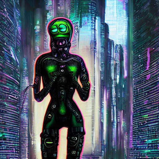 Image similar to focused portrait painting of a punk rock alien wearing a futuristic space suit, cyberpunk city in background, mood lighting, in the style of HRGiger, 8K
