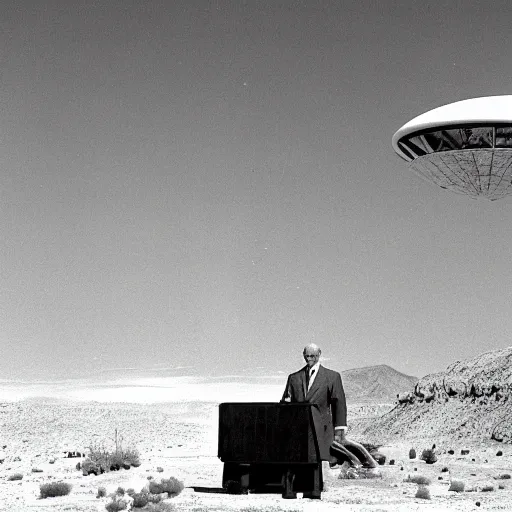 Image similar to president eisenhower aboarding a ufo in the desert, black and white photo