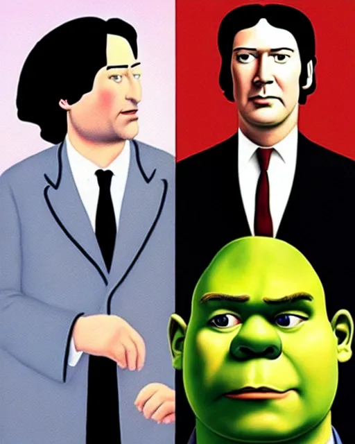 Image similar to magritte painting of keanu reeves and shrek