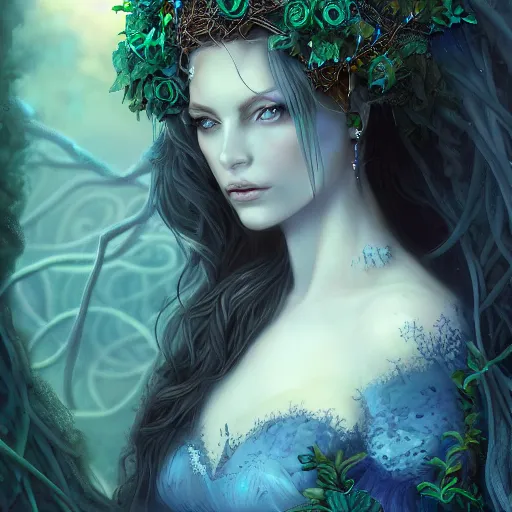 Prompt: detailed portrait of a dark fairy queen , realism, pale blue, emerald, sapphire, wearing a crown of vines, nest of vipers, moonlit, dark fantasy, dramatic lighting, cgsociety, artstation