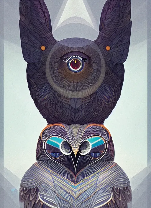 Image similar to portrait of a geometric owl, identical eyes, medium shot, illustration, full body made of white feathers, symmetrical, art stand, super detailed, cinematic lighting, and its detailed and intricate, gorgeous, by peter mohrbacher