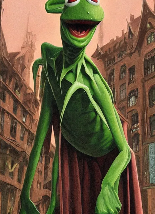 Image similar to Kermit the frog as Nosferatu in Society (1989), highly detailed, centered, solid color background, digital painting, artstation, concept art, smooth, sharp focus, illustration, donato giancola Joseph Christian Leyendecker, Les Edwards, Ed Repka, Basil Gogos, WLOP, Artgerm