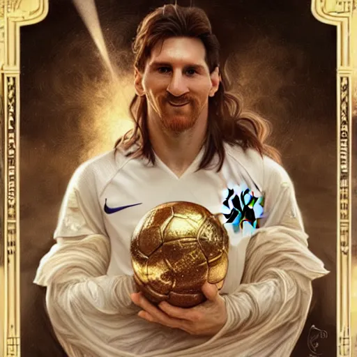 Prompt: Lionel Messi winning his 14th Ballon d'Or, D&D, intricate, elegant, highly detailed, digital painting, artstation, concept art, matte, sharp focus, illustration, art by Artgerm and Greg Rutkowski and Alphonse Mucha