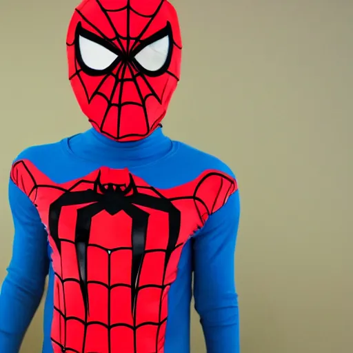 Image similar to spiderman wearing spongebob costume, straight photo, centered