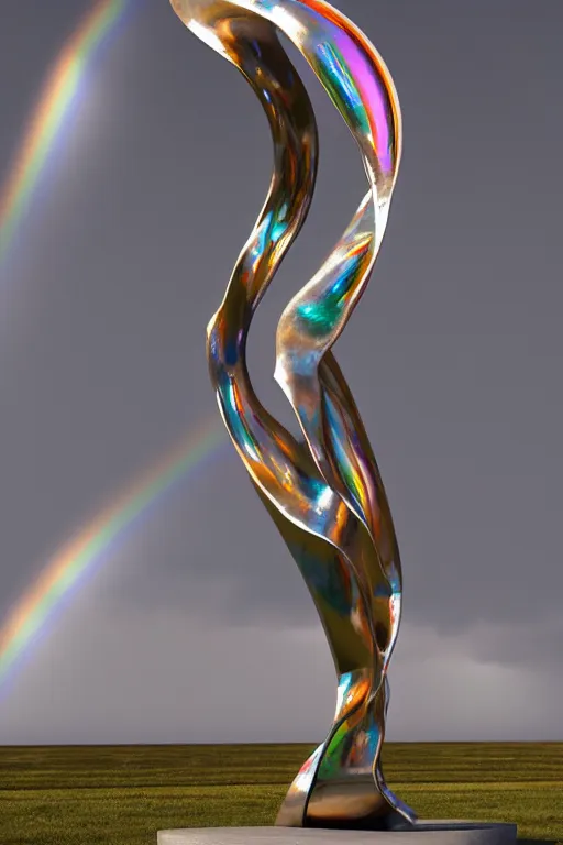 Image similar to metal curved circular sculpture with gestural forms and human parts mixed together into a monumental artwork, lifting up towards heaven, rainbow crystal reflections, style of jack storms, anthony howe, octane render, 4 k