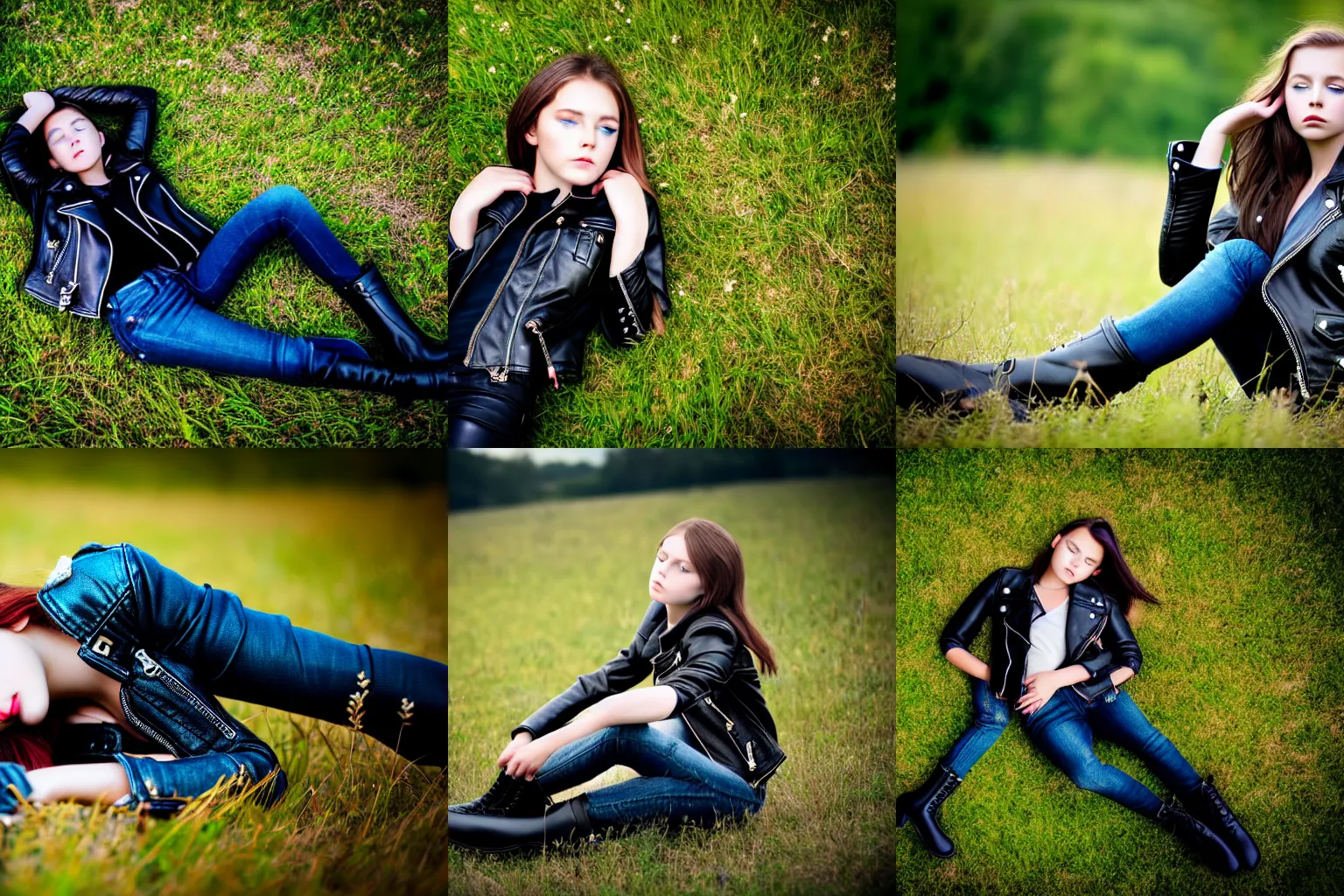 Image similar to young girl lies on a meadow, she wears leather jacket, jeans and black boots, intricate, sharp focus, photo taken by nikon, 4 k, studio lightning