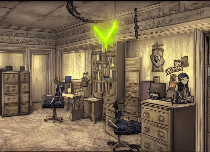 Image similar to kingdom hearts inspired stanley parable office backrooms, creepy but colorful render, intricate detail, castle oblivion, normal workplace office, uhd