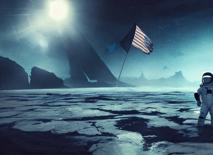 Image similar to astronaut holding a flag in an underwater desert. a submarine is visible in the distance. dark, concept art, cinematic, dramatic, atmospheric, 8 k, trending on artstation, blue, fish, low visibility, fog, ocean floor, christopher nolan, interstellar