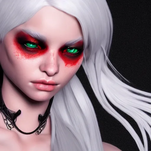 Image similar to a highly detailed portrait of a humanoid demon girl with white hair, red horns, in white clothes, artstation, deviantart, professional, unreal engine 5, photorealistic