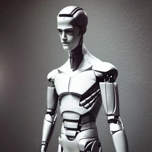 Image similar to “a realistic detailed photo of a guy who is an attractive humanoid who is half robot and half humanoid, who is a male android, actor Grant Gustin, shiny skin, posing like a statue, blank stare, at the museum, on display”