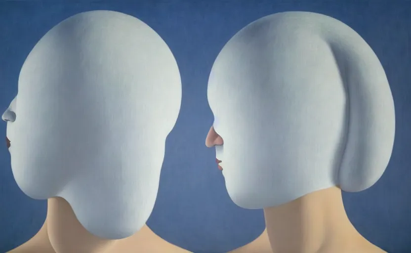 Prompt: the lovers # # white fabric covering heads # # by rene magritte, extremely intricate and detailed 8 k cinematic lighting, hyper realism