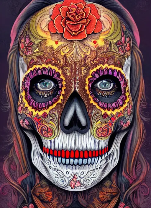 Prompt: portrait of a sugar skull, flaming eyes, intricate, highly detailed, smooth, digital illustration, artstation, the dark and quirky art of scott radke