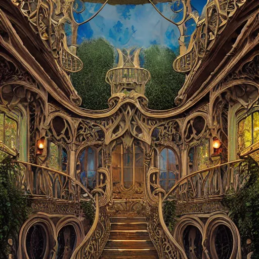 Image similar to art panoramic mansion art nouveau intricate details digital art ornate cryengine render by moebius, m. c. escher, syd mead, antoni gaudi, tomasz alen kopera, andreas franke, victo ngai, benoit mandelbrot