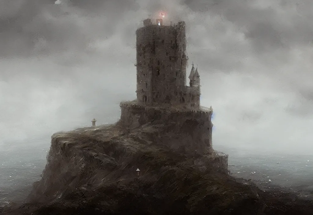 Prompt: a single tall medieval tower on top of a small ocean cliff, stormy, night, foggy, rain, gloomy, mysterious, artstation, jakub rozalski, high detail