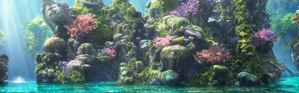 Image similar to a ultra realistic cg rendering of underwater wonderland, dream, magnificent palace, serene landscape, by yoshitaka amano ， unreal engine ， 4 k resolution,