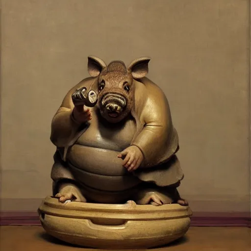 Image similar to fat boar wearing a monk robes holding incense burner. natural lighting by ruan jia, portrait