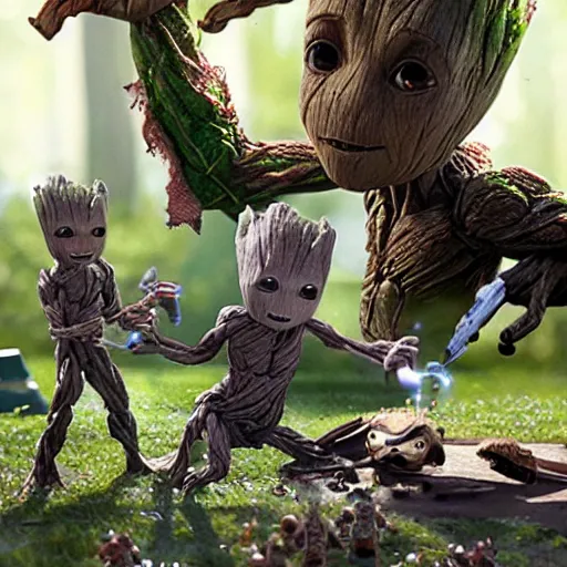 Image similar to baby groot and grogu having fun playing games, highly detailed